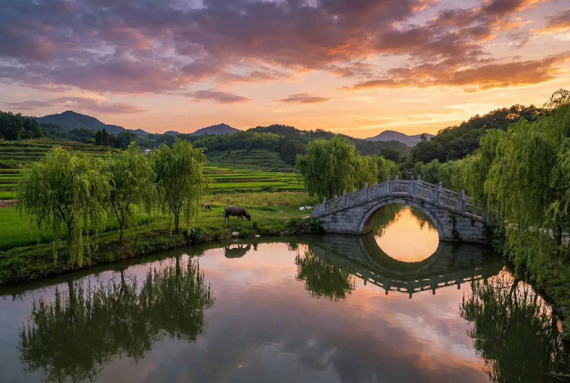 夕阳下的石拱桥与垂柳，水牛在河边吃草 - 第三辣荷包网 乡村美景